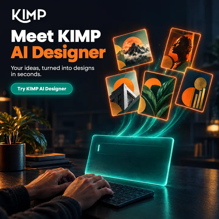 KIMP post: "Meet KIMP AI Designer", designs rising out of a glowing laptop