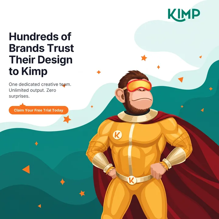 KIMP ad: "Hundreds of Brands Trust Their Design to Kimp" with the KIMP superhero monkey